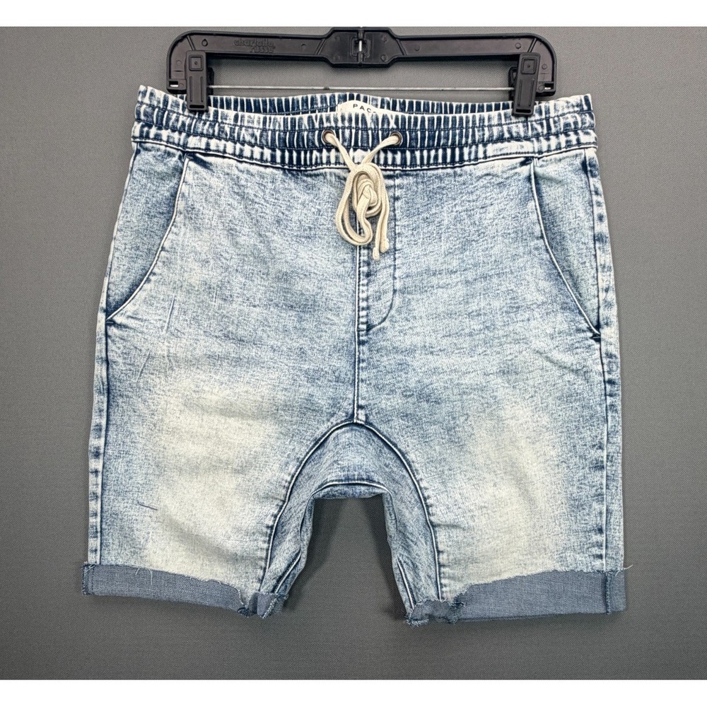 PacSun Denim Jogger Shorts Acid Wash Stretch Drop Crotch Raw Hem | Men's Medium